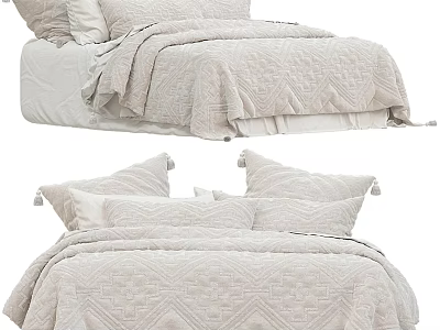 Modern Double Bed With Textured Beige Bedding And Decorative Pillows 3d model
