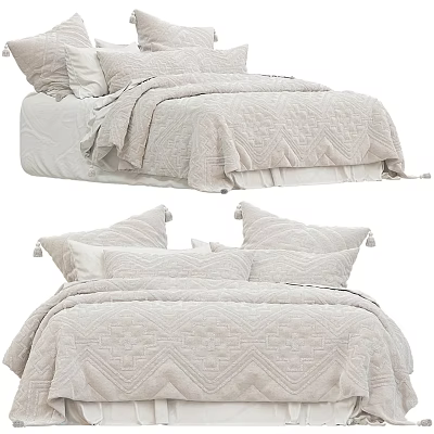 Modern Double Bed With Textured Beige Bedding And Decorative Pillows 3d model