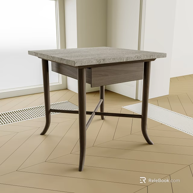 Modern Side Table With Gray Stone Top Wooden Drawer Black Curved Legs And Light Floor 3d model 