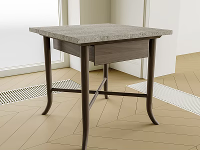 Modern Side Table With Gray Stone Top Wooden Drawer Black Curved Legs And Light Floor 3d model