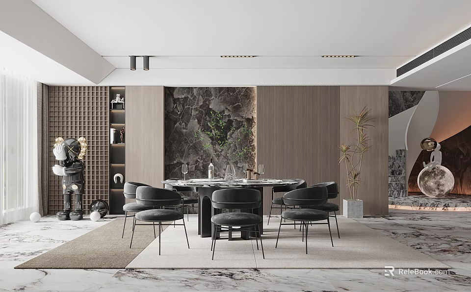 Elegant Modern Restaurant Interior With Round Dining Table Black Chairs And Decorative Plants 3d model 