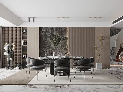 Elegant Modern Restaurant Interior With Round Dining Table Black Chairs And Decorative Plants 3d model