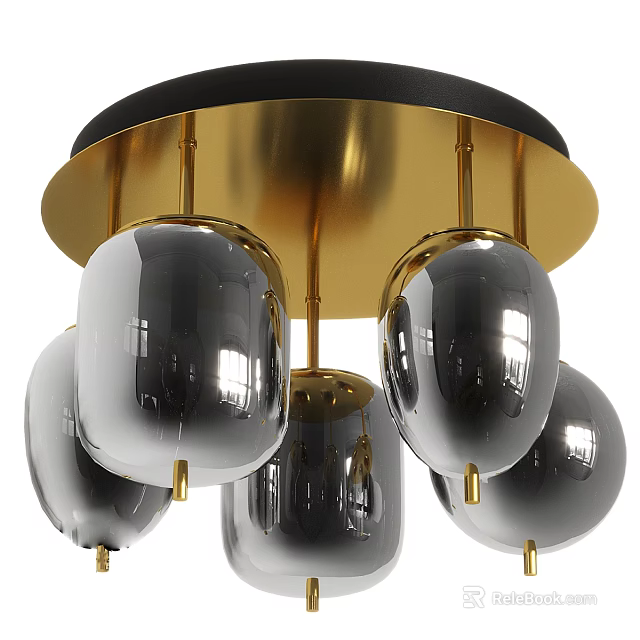 Modern Chandelier Design With Black Spherical Shades And Gold Base Rods 3d model 
