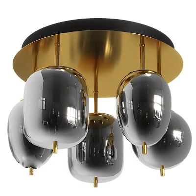 Modern Chandelier Design With Black Spherical Shades And Gold Base Rods 3d model