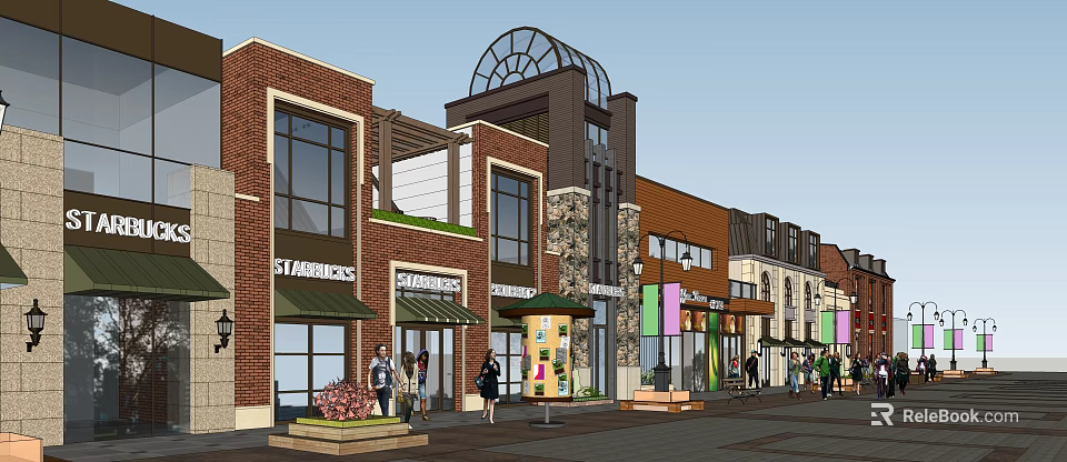 Vibrant Commercial Street With Red Brick Buildings Glass Dome Shops And Pedestrians 3d model 