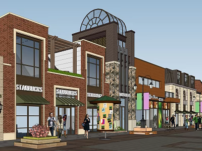 Vibrant Commercial Street With Red Brick Buildings Glass Dome Shops And Pedestrians 3d model