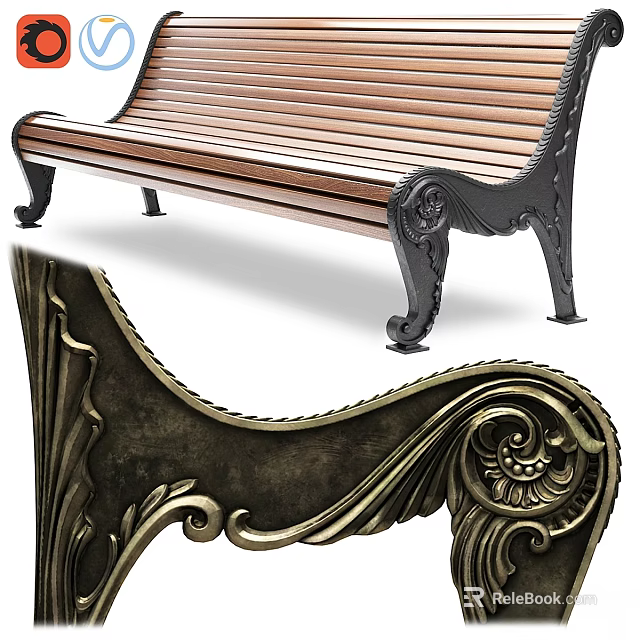 Ground With Wooden Bench Featuring Ornate Metal Frame And Decorative Details 3d model 