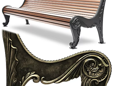 Ground With Wooden Bench Featuring Ornate Metal Frame And Decorative Details 3d model