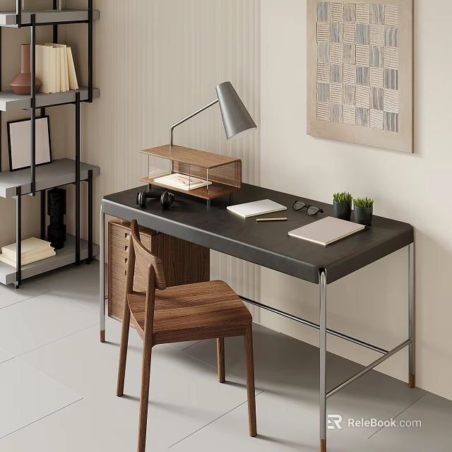 Modern Home Office Desk Setup With Chair Lamp Small Plants And Shelf 3d model 