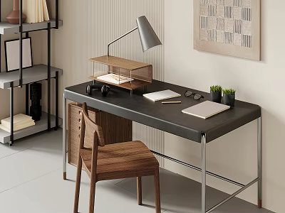 Modern Home Office Desk Setup With Chair Lamp Small Plants And Shelf 3d model