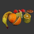 Fresh Assorted Fruits and Snacks Including Banana Strawberries Sliced Orange Corn and Cookies