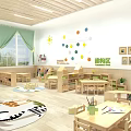 Bright Kindergarten Classroom Interior with Wooden Furniture TV Piano Bookshelves Play Mat Green Plants