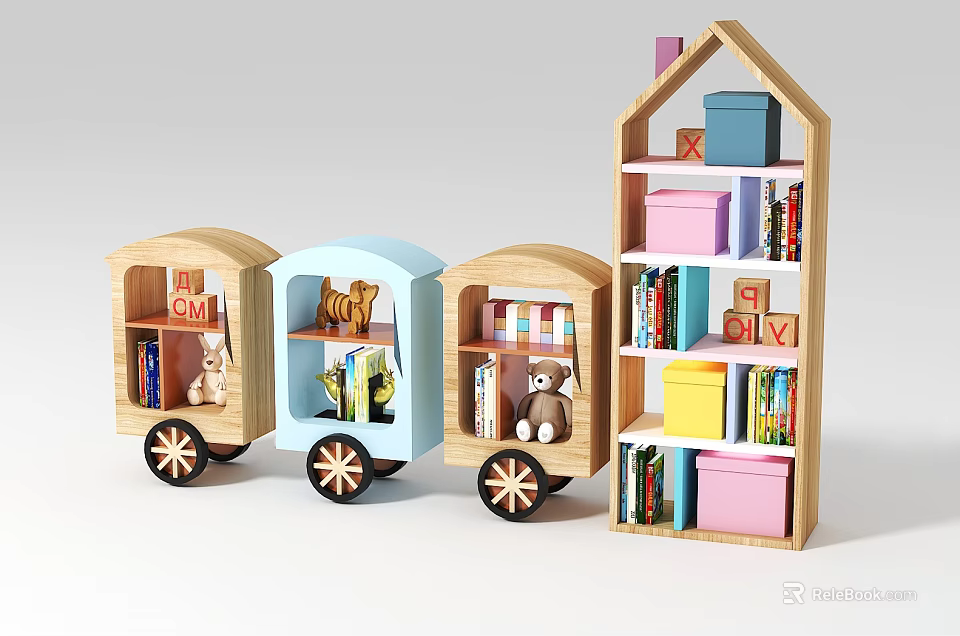 Wooden Children Bookcase with Toy Train Carriages and Colorful Storage Boxes 3d model 
