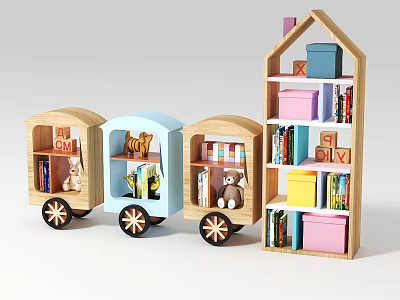 Wooden Children Bookcase with Toy Train Carriages and Colorful Storage Boxes 3d model