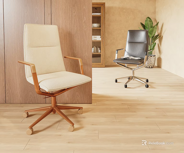 Modern Office Chairs In Bright Office With Wood Furniture And Plants 3d model 
