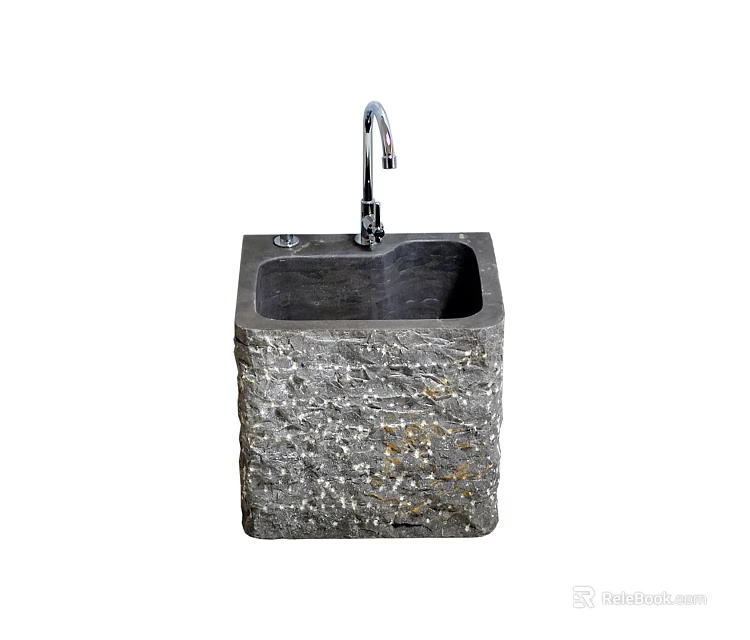 Square Natural Stone Bathroom Sink With Textured Surface And Chrome Faucet 3d model 