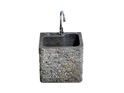 Square Natural Stone Bathroom Sink With Textured Surface And Chrome Faucet 3d model