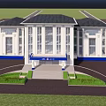 Modern Office Building With White Facade Blue Awning And Symmetrical Design