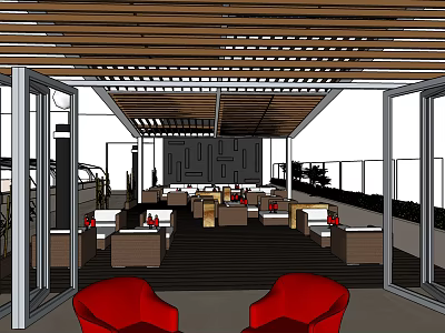 Hotel Public Lounge Area With Wooden Slatted Ceiling Red Armchairs And Open Layout 3d model