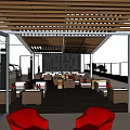 Hotel Public Lounge Area With Wooden Slatted Ceiling Red Armchairs And Open Layout