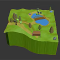 Cartoon Scenic Landscape With Green Terrain Trees Pond Bridge Yellow Path And Small House