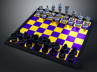 Classic Chess Set With Yellow And Purple Checkered Board And Silver Black Pieces 3d model