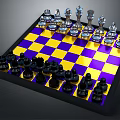 Classic Chess Set With Yellow And Purple Checkered Board And Silver Black Pieces