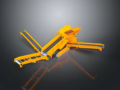 Yellow Utility Vehicle With Inclined Conveyor Belt And Loading Hopper For Material Handling 3d model