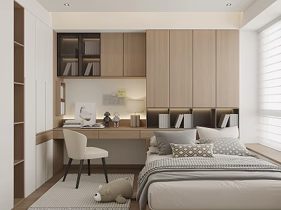Tatami Bedroom Interior Design With Wooden Cabinets Desk Chair Books And Cozy Bed Setup 3d model
