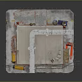 Small Construction Shed With Roof Structure Platform Base Blue Barrels Yellow Tools And Traffic Cone