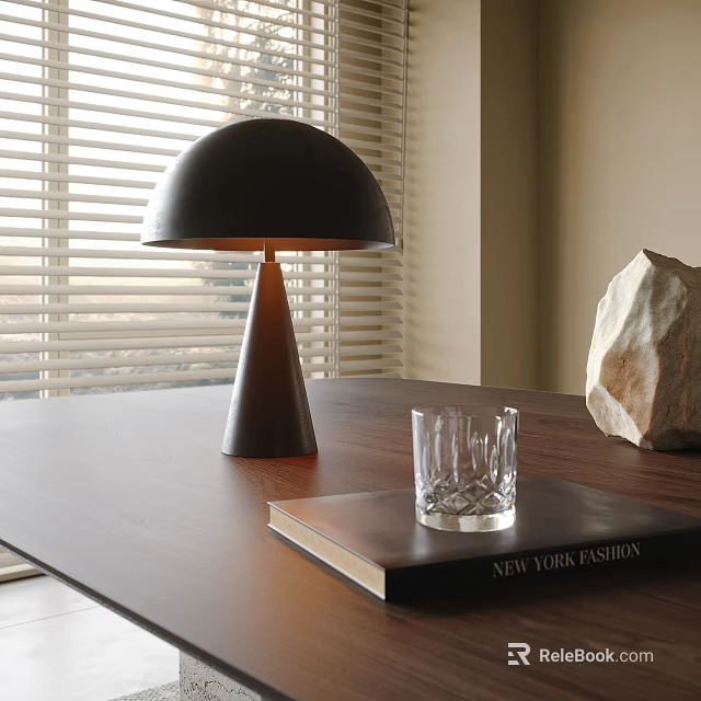 Minimalist Table Lamp With Black Shade On Wooden Table With Book Glass And Window Blinds 3d model 