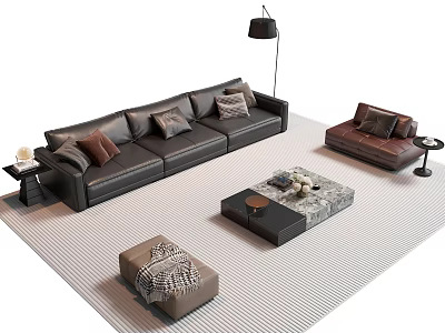 Modern Sofa And Coffee Table Set Black Leather With Pillows Brown Accent Chair Striped Rug 3d model