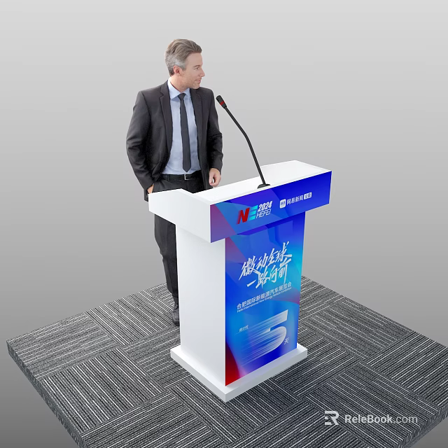 Businessman Standing At Conference Podium With Microphone And Brand Logo 3d model 