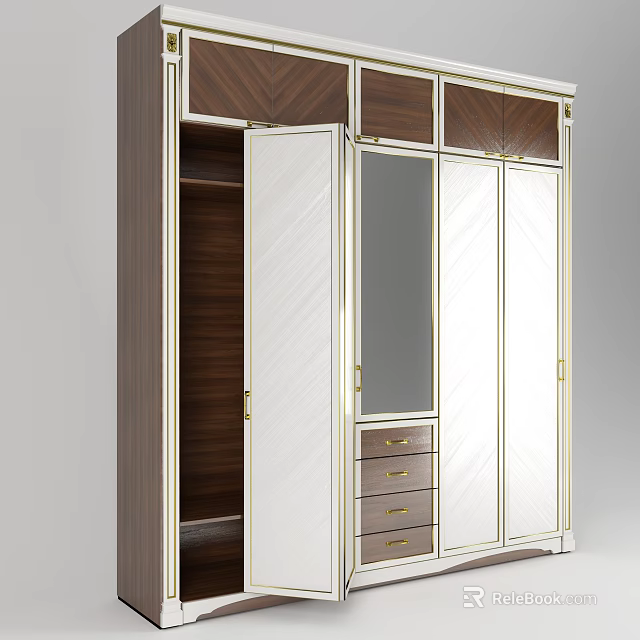 Modern Wardrobe Design With Mirrored Doors Wooden Panels And Gold Accents 3d model 