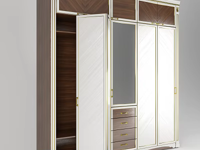 Modern Wardrobe Design With Mirrored Doors Wooden Panels And Gold Accents 3d model