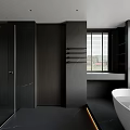 Modern Bathroom Interior Design With White Bathtub Black Vanity And Glass Shower