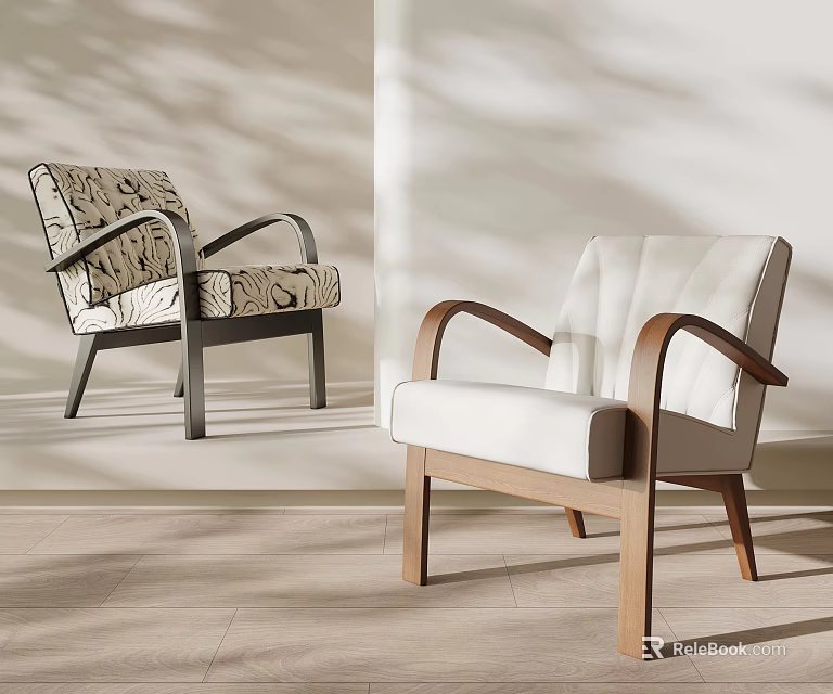 Contemporary Leisure Chairs With Patterned Fabric And White Padded Seats Wooden Arms 3d model 