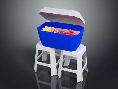 Open Blue Cooler With White Lid On Two White Plastic Stools Containing Colorful Ice 3d model