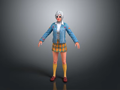 Game Movie Character With White Hair Sunglasses Blue Denim Jacket Yellow Plaid Skirt 3d model