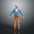 Game Movie Character With White Hair Sunglasses Blue Denim Jacket Yellow Plaid Skirt