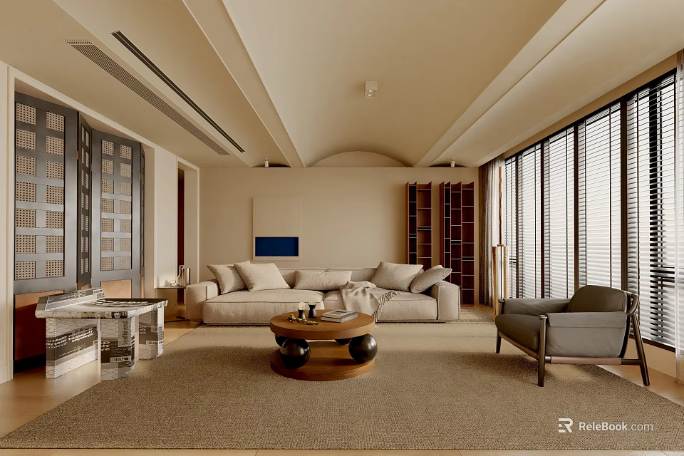 Modern Spacious Living Room Interior With Beige Sofa Round Coffee Table And Area Rug 3d model 