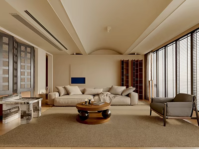 Modern Spacious Living Room Interior With Beige Sofa Round Coffee Table And Area Rug 3d model