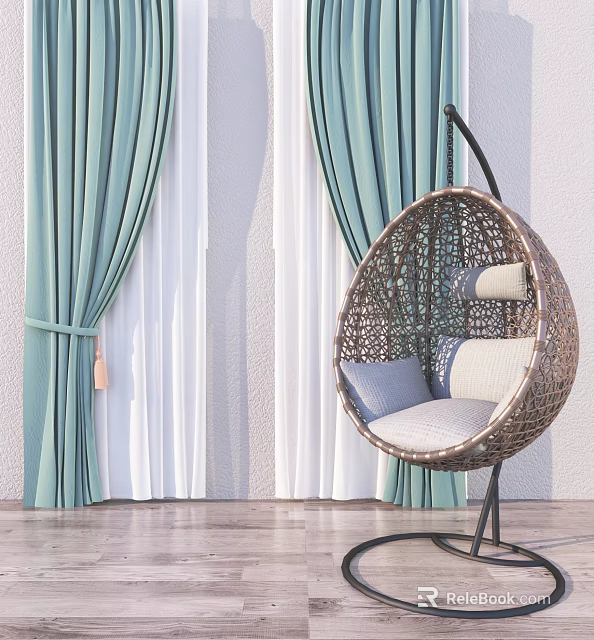 Turquoise And White Curtains With Wicker Hanging Chair And Pillows In Living Room 3d model 