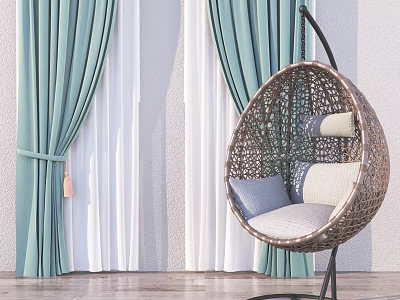 Turquoise And White Curtains With Wicker Hanging Chair And Pillows In Living Room 3d model