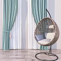 Turquoise And White Curtains With Wicker Hanging Chair And Pillows In Living Room