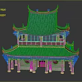 Cartoon Scene of Traditional Chinese Architecture with Blue Curved Roof Red Pillars and Colorful Decorations