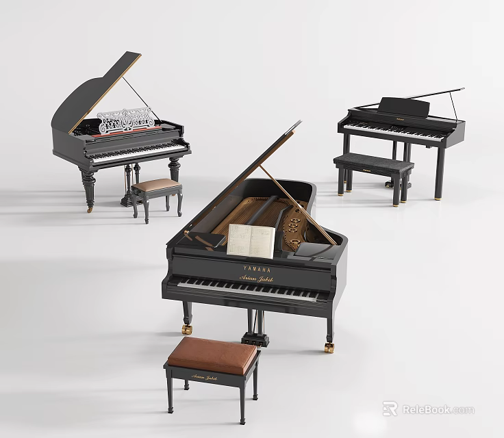 Musical Instruments and Art Supplies Showcasing Black Grand Pianos with Open Lids and Stools 3d model 