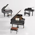 Musical Instruments and Art Supplies Showcasing Black Grand Pianos with Open Lids and Stools