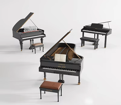 Musical Instruments and Art Supplies Showcasing Black Grand Pianos with Open Lids and Stools 3d model