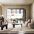 Modern Living Room Interior With Sofa Coffee Table Large Windows And Decorative Art